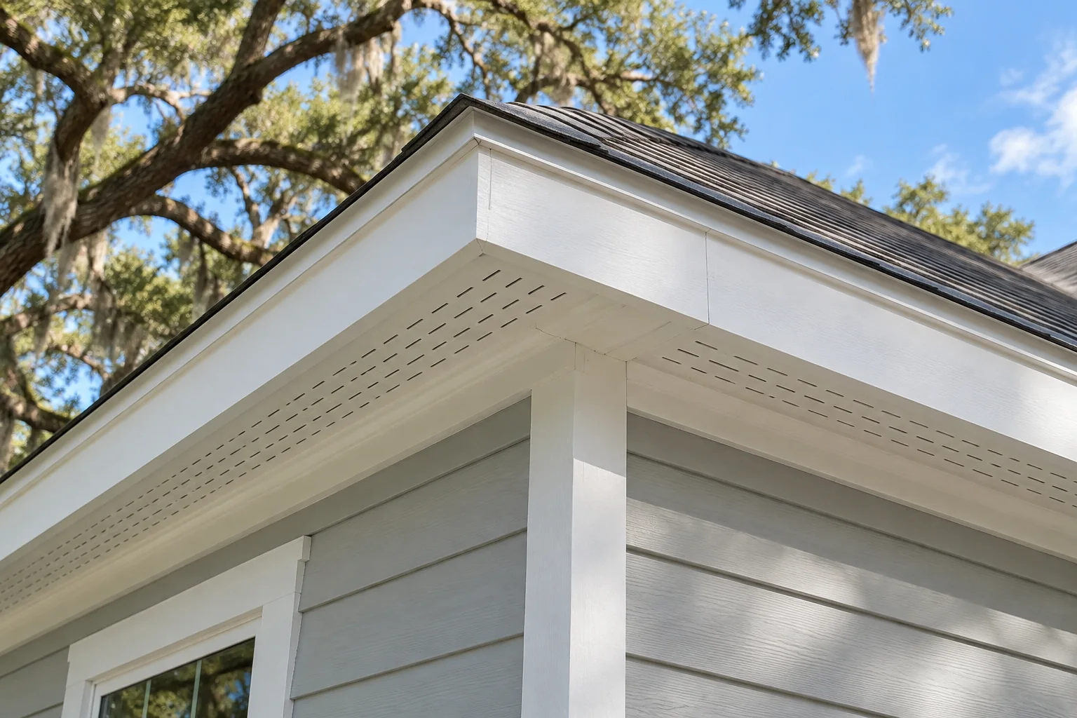 Illustration of white fascia, ventilated soffit and corner trim on a Lowcountry home, for Charleston National exterior repair