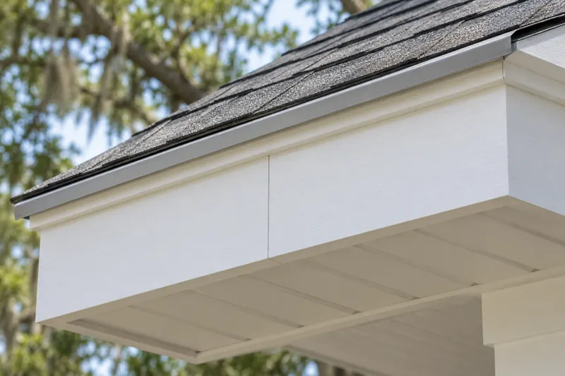 White fascia board and metal drip edge below a shingle roof — Dunes West repair illustration