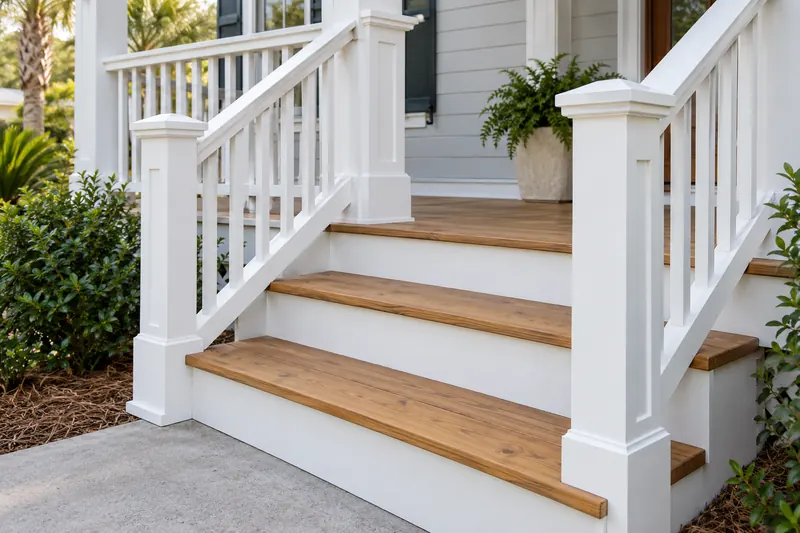 Wood porch steps with white handrails and balusters — Dunes West repair illustration