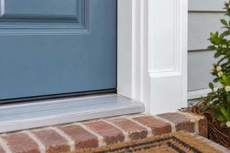 White door jamb and brickmould beside a blue door and metal threshold — I'On repair illustration