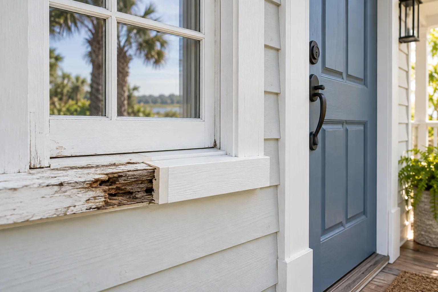 Illustration of a damaged window sill beside replacement white trim and a blue door, for Old Village wood rot repair