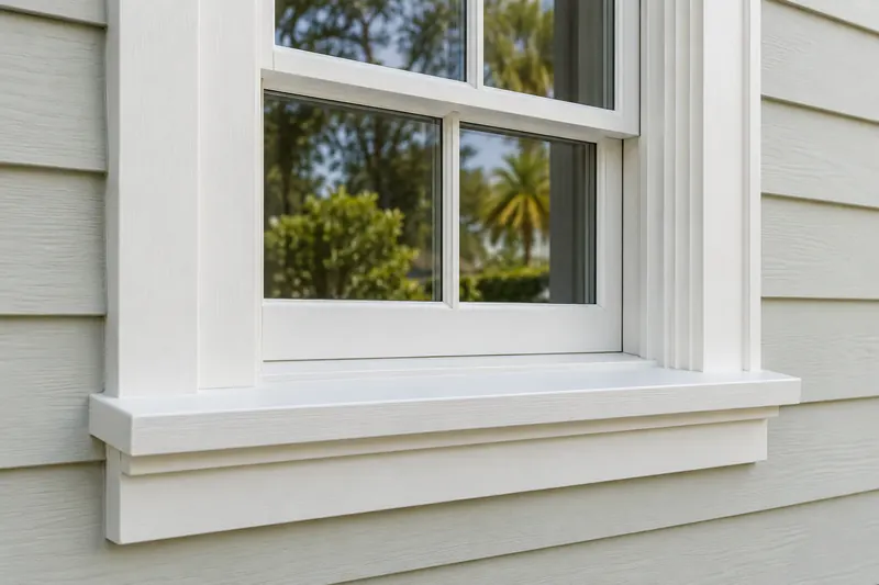 White replacement window sill and casing on a Lowcountry home — Old Village repair illustration