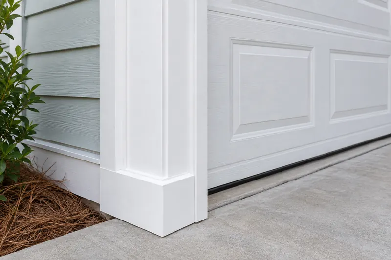 White garage door surround trim beside coastal lap siding — Park West repair illustration