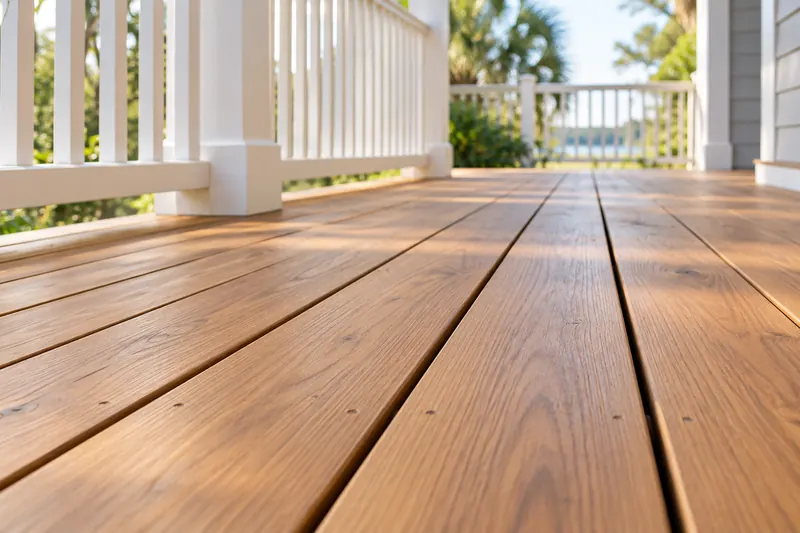 Wood porch floorboards with drainage gaps and white railing — Rivertown repair illustration